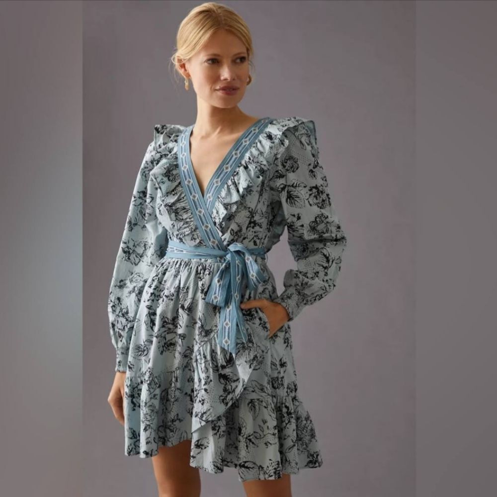 Anthropologie Floral Wrap Ruffle Mini Dress NWT Blue Small